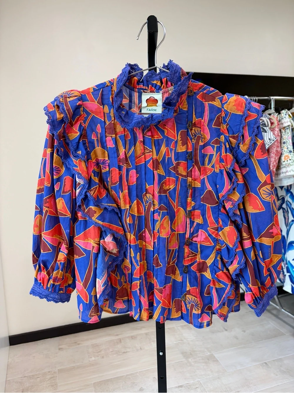 Farm Rio: MUSHROOM SKETCH BRIGHT BLUE BLOUSE